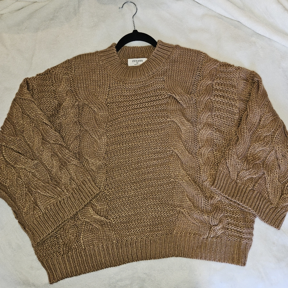 NEW! Cableknit Sweater Camel Tan Neutral Trendy Top Statement Sleeves - Picture 8 of 12